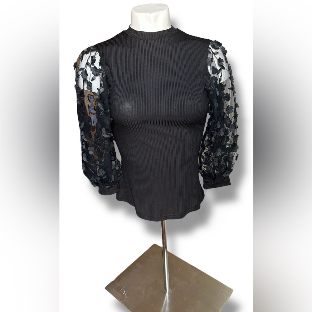 Elegant Black Top with Sheer Floral Sleeves